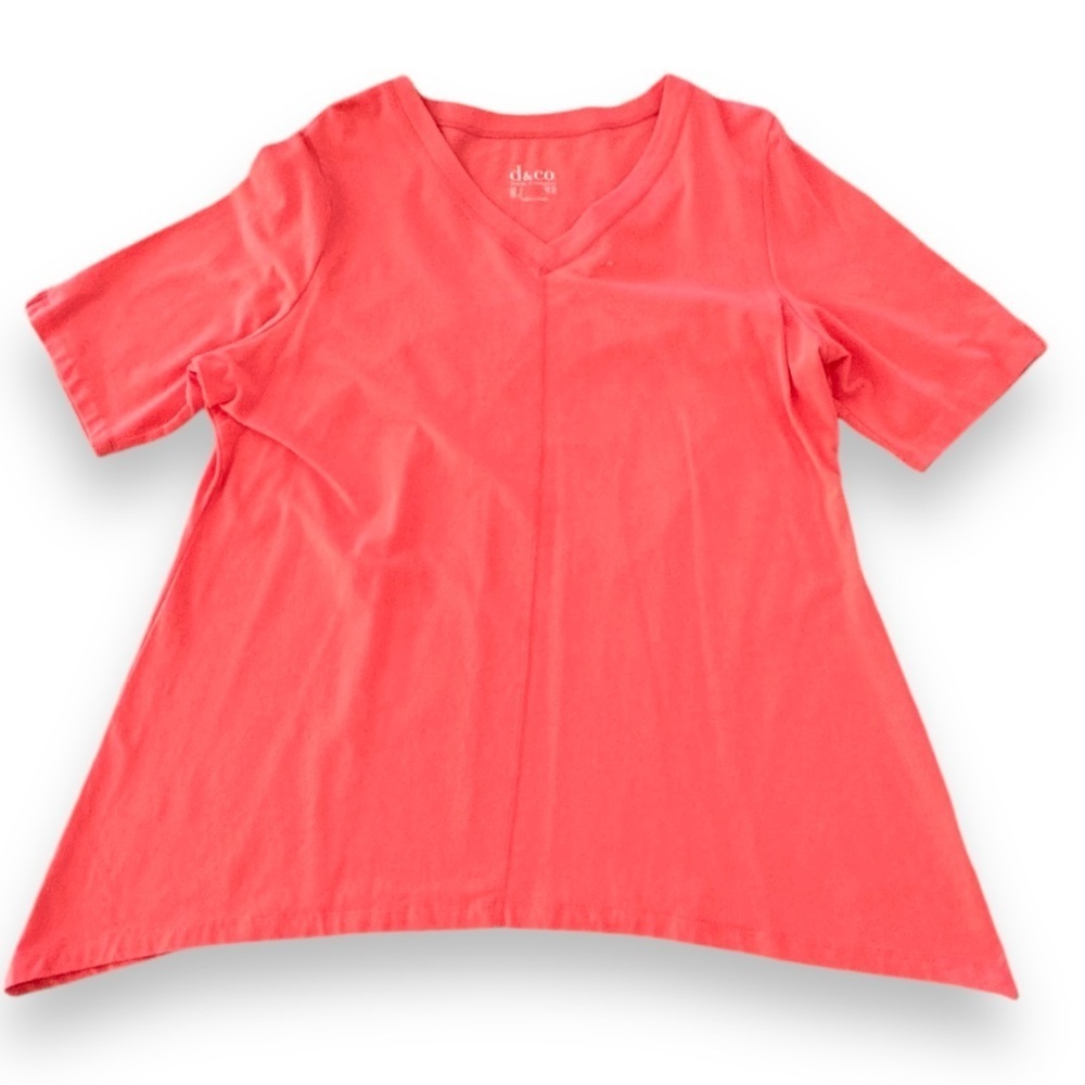 Denim & Co. Sz Large Perfect Jersey Melon V-neck Trapeze Hem Top Cotton/Spandex - Picture 6 of 9